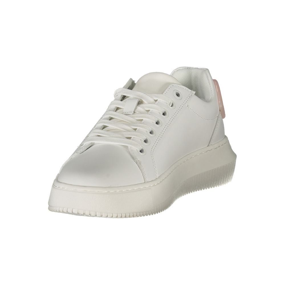 Calvin Klein white polyurethane women's sneaker with sleek design and white laces, perfect for casual and athleisure wear.