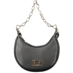 Black Guess Jeans polyurethane women's handbag with sleek design and silver hardware, featuring top handles and a spacious interior.