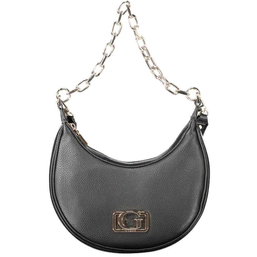Black Guess Jeans polyurethane women's handbag with sleek design and silver hardware, featuring top handles and a spacious interior.