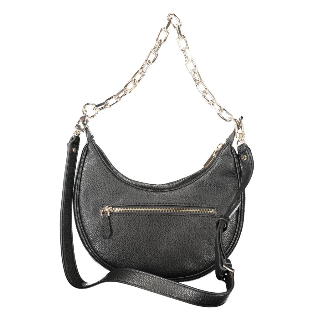Black Guess Jeans polyurethane women's handbag with sleek design and silver hardware, featuring a top handle and zipper closure.
