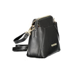 Mario Valentino Nero women's polyurethane bag with sleek design and silver hardware, featuring a top handle and adjustable shoulder strap.