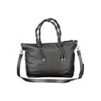 Mario Valentino black polyurethane women's bag with sleek design and top handle, featuring subtle gold accents and spacious interior.