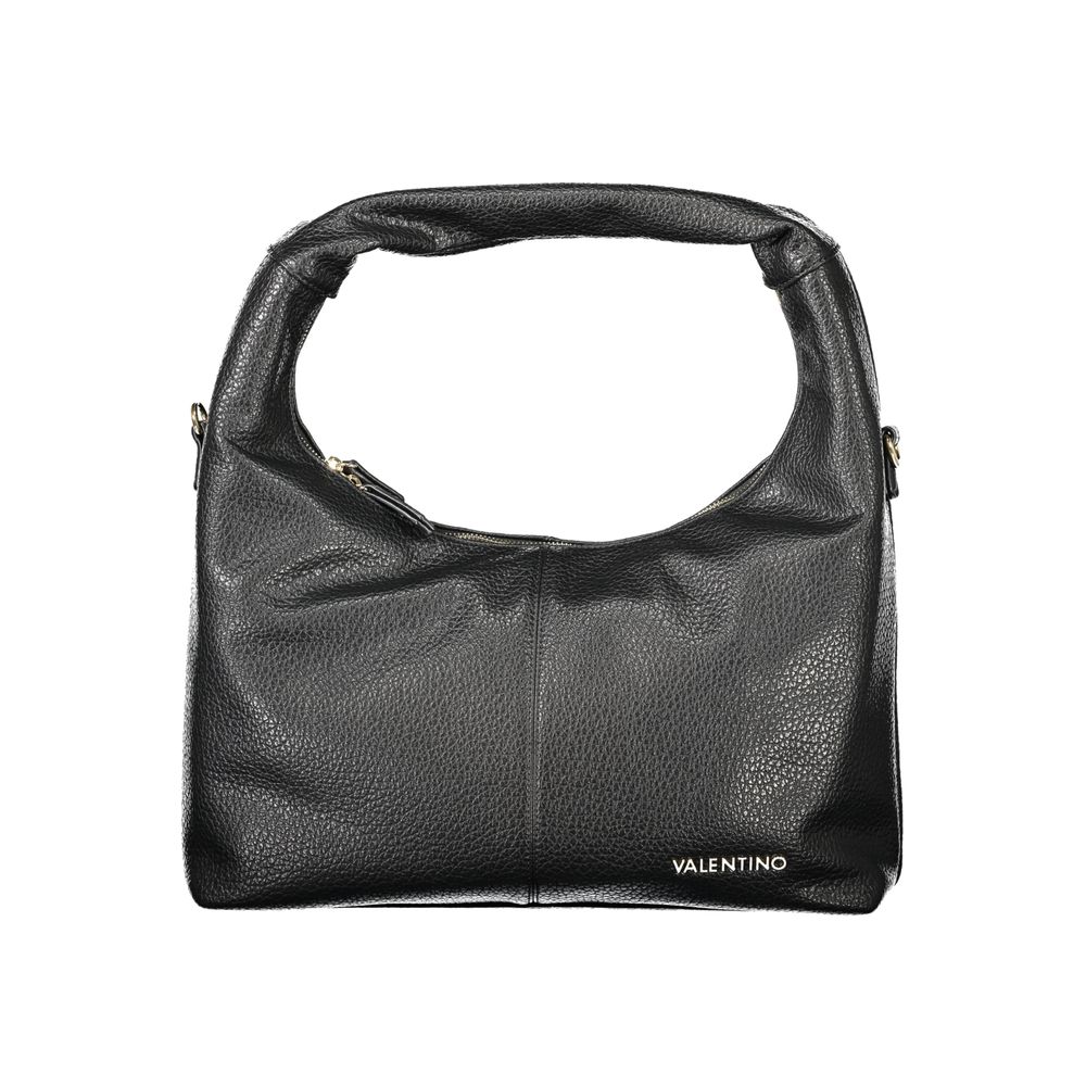Mario Valentino black polyurethane women's bag with sleek design and silver hardware, featuring a top handle and zipper closure.
