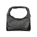 Mario Valentino black polyurethane women's bag with sleek design and silver hardware, featuring a top handle and zipper closure.