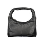 Mario Valentino black polyurethane women's bag with sleek design and silver hardware, featuring a top handle and zipper closure.