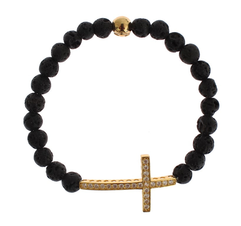 Nialaya Lava Stone Gold Clear CZ Cross 925 Silver Bracelet Nialaya