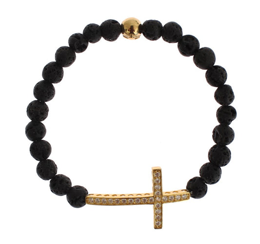 Nialaya Lava Stone Gold Clear CZ Cross 925 Silver Bracelet Nialaya