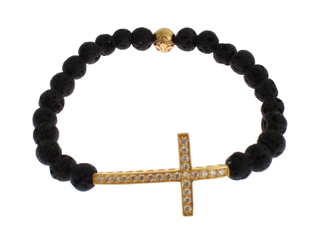 Nialaya Lava Stone Gold Clear CZ Cross 925 Silver Bracelet Nialaya