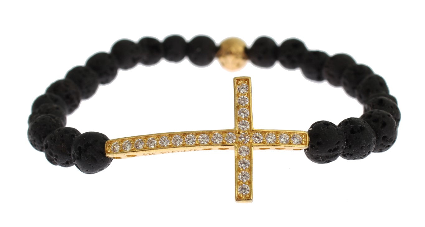 Nialaya Lava Stone Gold Clear CZ Cross 925 Silver Bracelet Nialaya