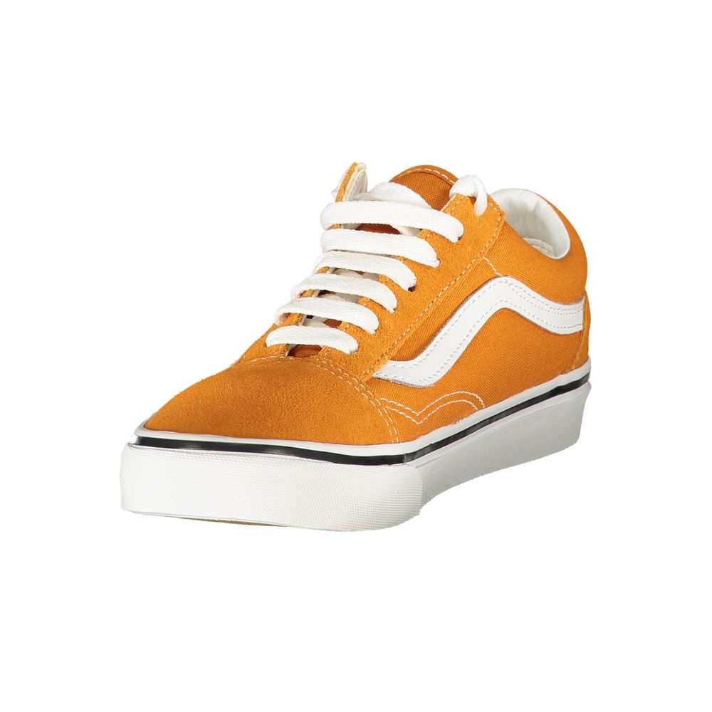 Vans orange polyester women's sneaker with white laces and rubber sole, casual athletic footwear for women.