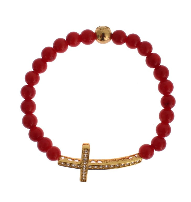 Nialaya Red Coral Gold CZ Cross 925 Silver Bracelet Nialaya