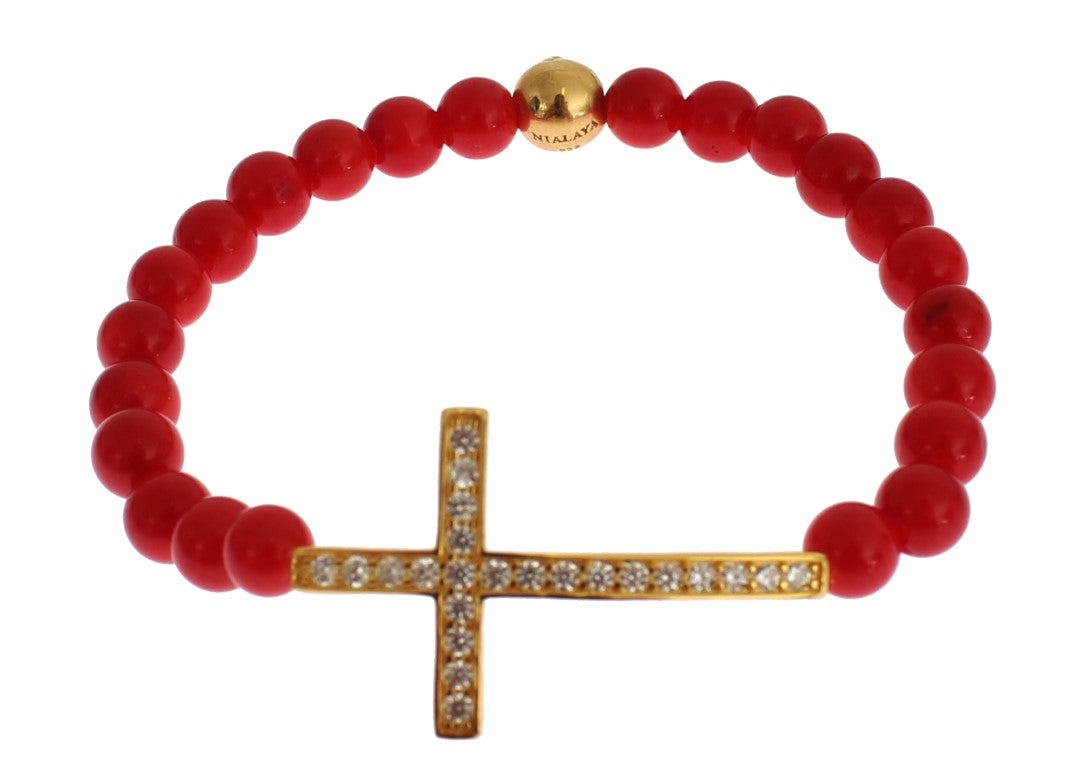 Nialaya Red Coral Gold CZ Cross 925 Silver Bracelet Nialaya