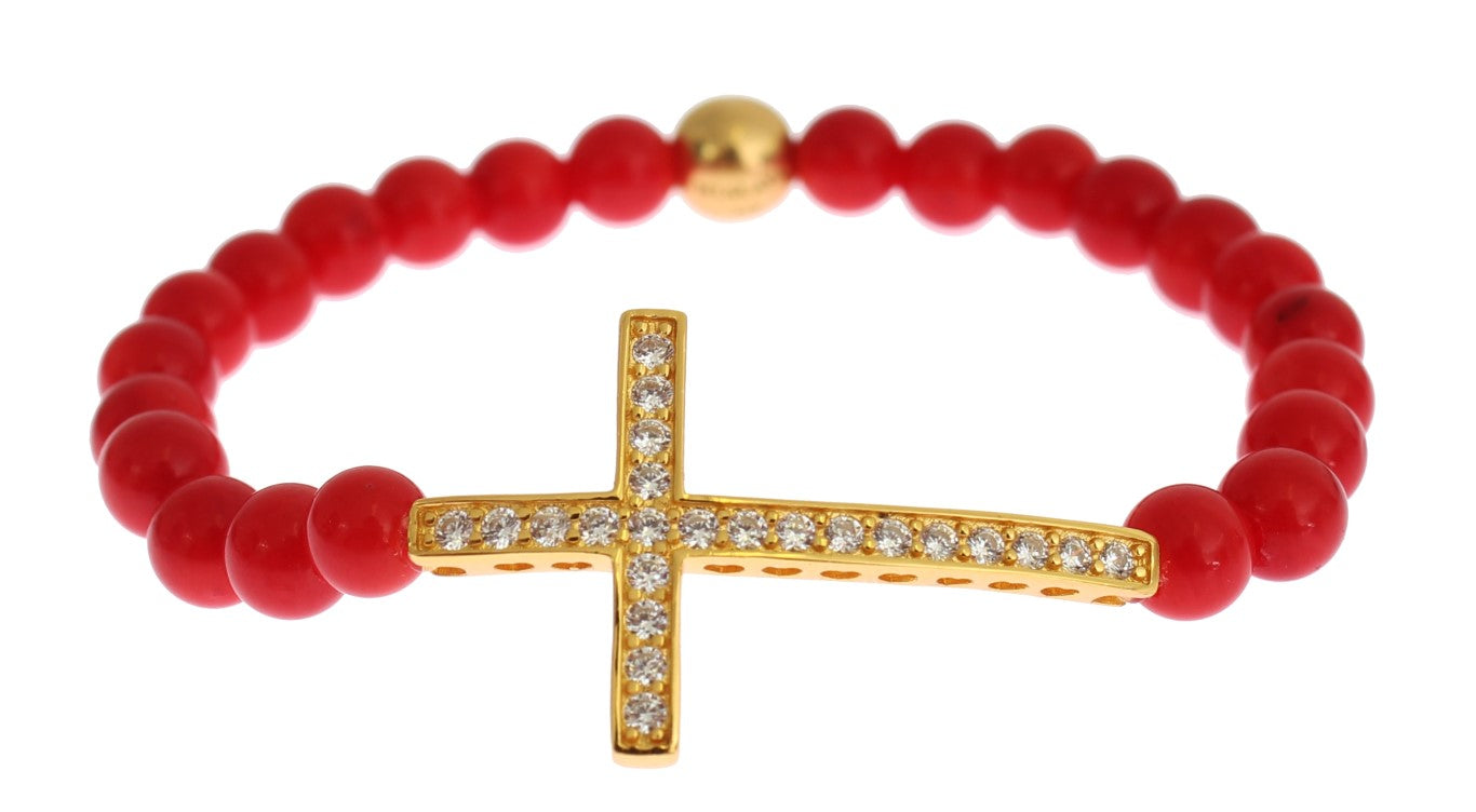 Nialaya Red Coral Gold CZ Cross 925 Silver Bracelet Nialaya