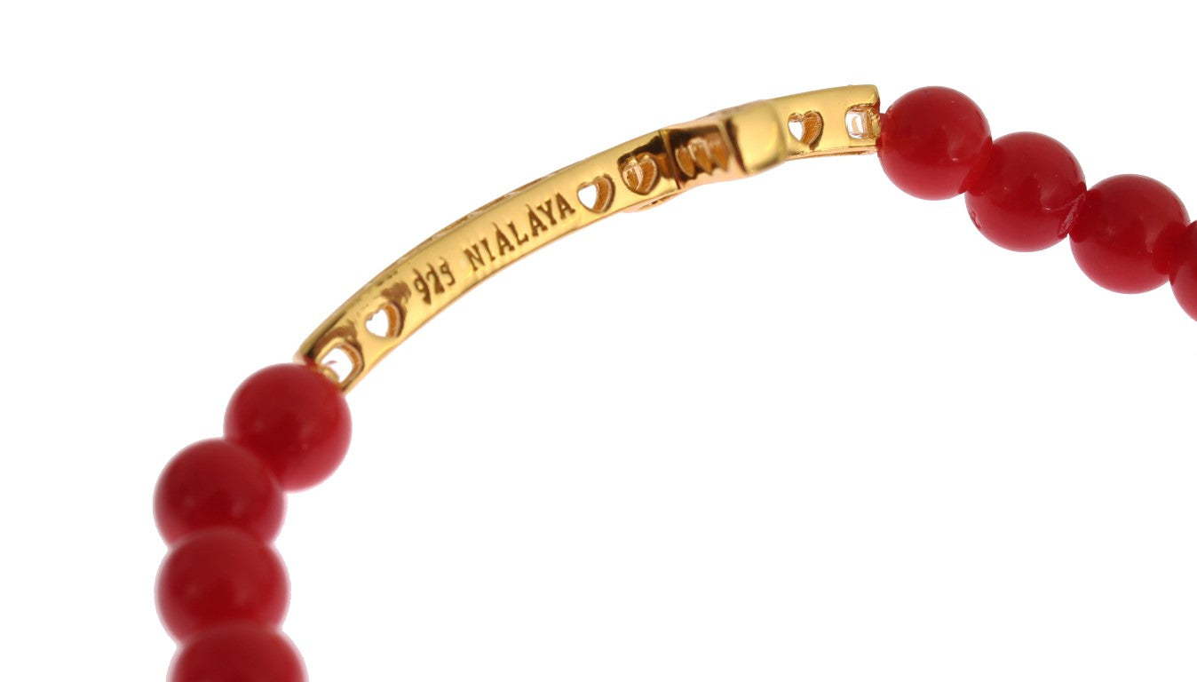 Nialaya Red Coral Gold CZ Cross 925 Silver Bracelet Nialaya