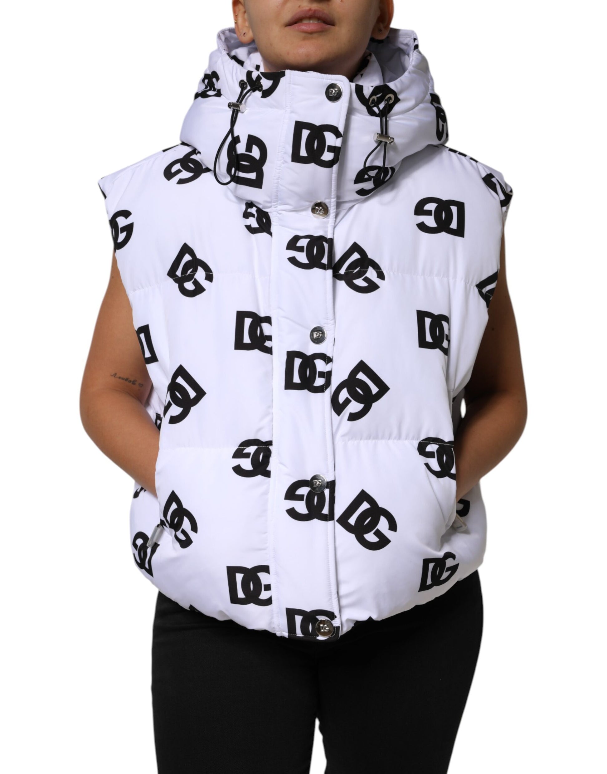 Dolce & Gabbana White Black DG Mania Polyester Puffer Jacket Dolce & Gabbana