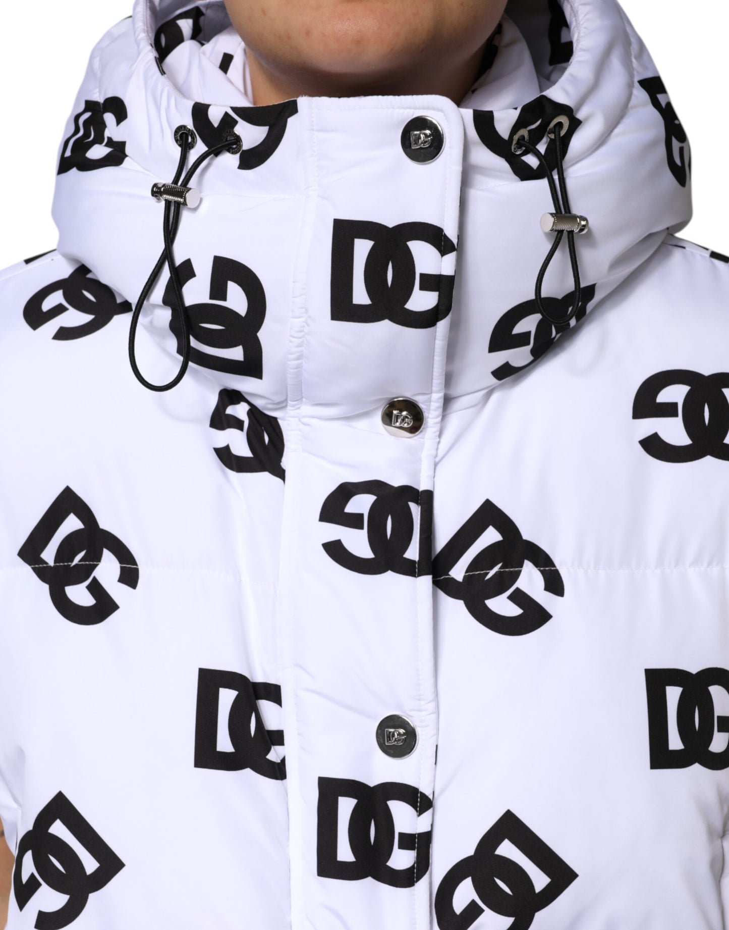 Dolce & Gabbana White Black DG Mania Polyester Puffer Jacket Dolce & Gabbana