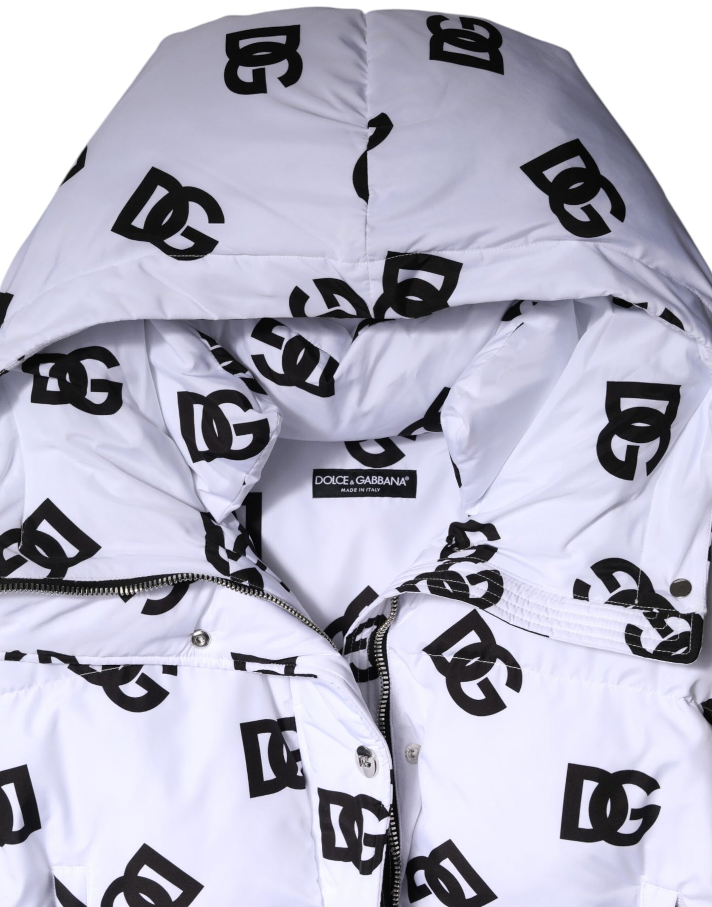 Dolce & Gabbana White Black DG Mania Polyester Puffer Jacket Dolce & Gabbana