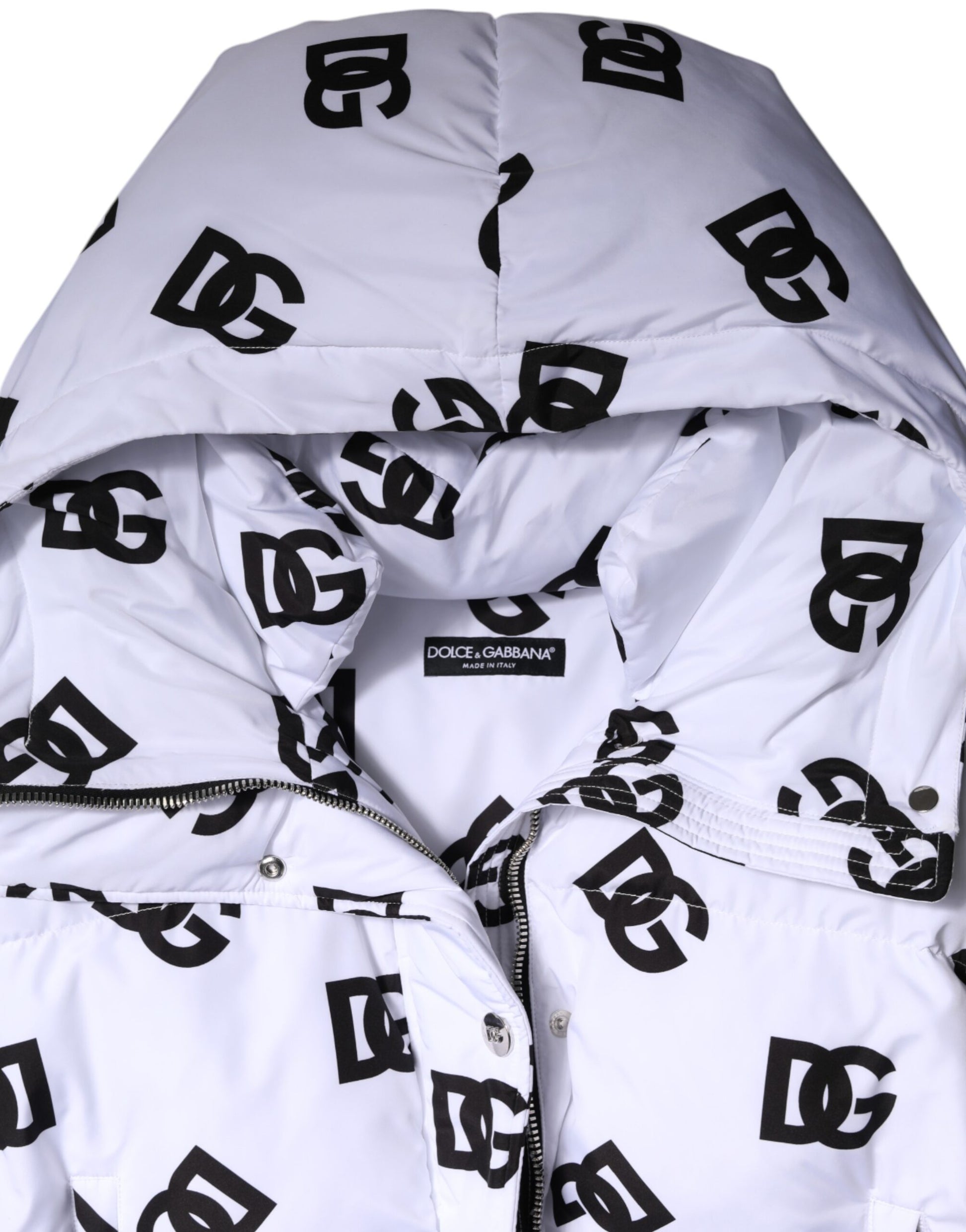 Dolce & Gabbana White Black DG Mania Polyester Puffer Jacket Dolce & Gabbana