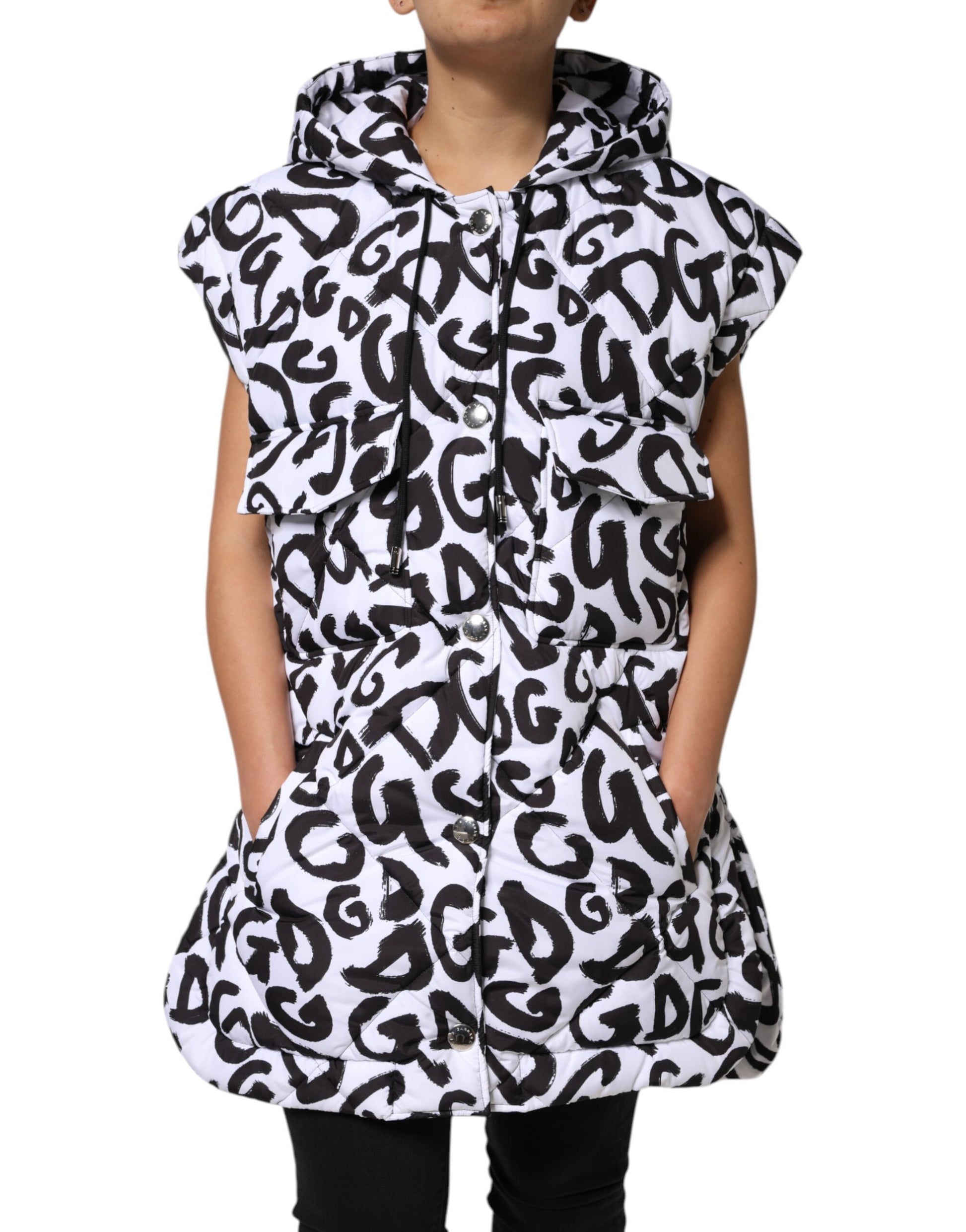 Dolce & Gabbana White DG Mania Hooded Sleeveless Puffer Jacket Dolce & Gabbana