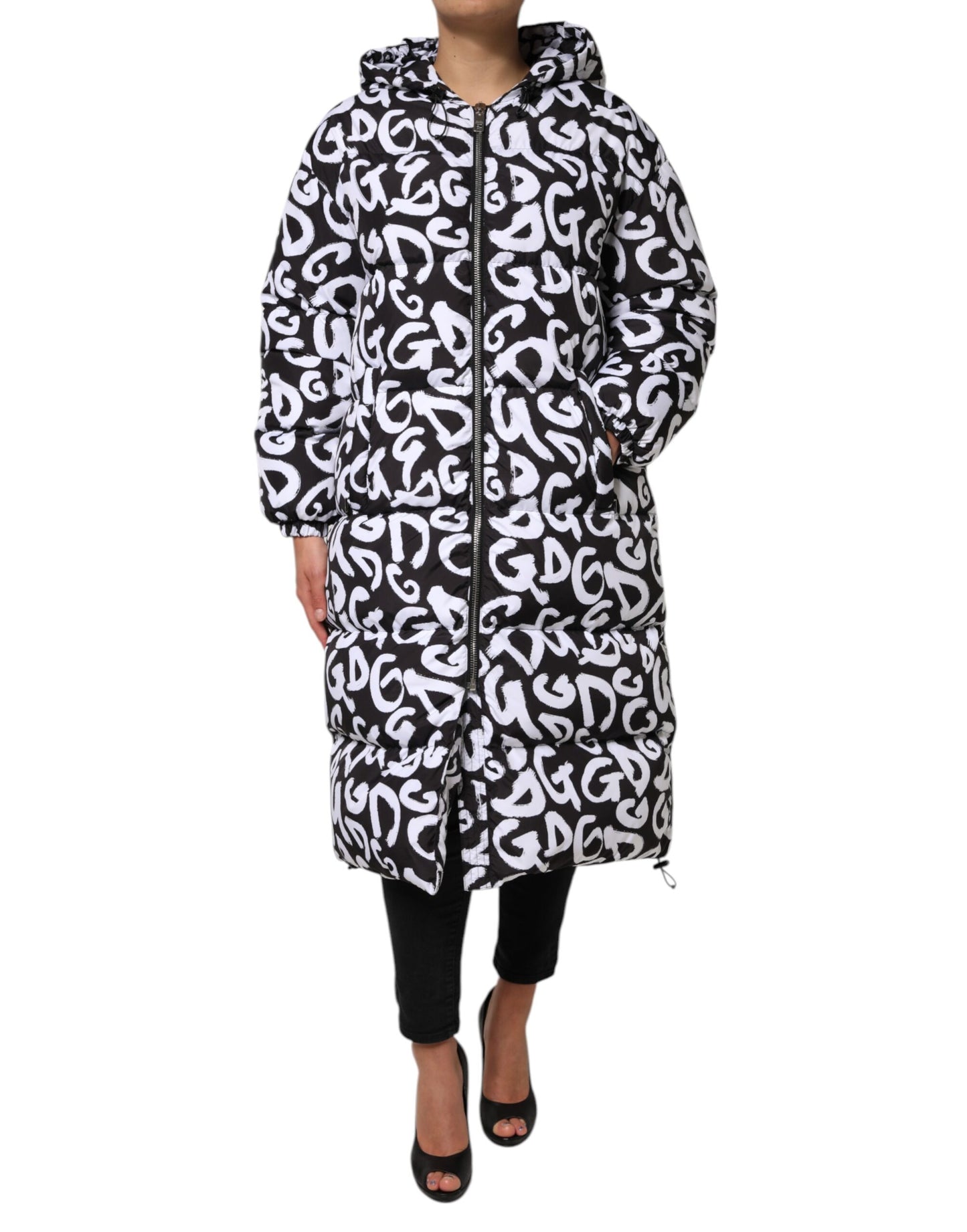 Dolce & Gabbana Black White DG Mania Hooded Long Coat Jacket Dolce & Gabbana