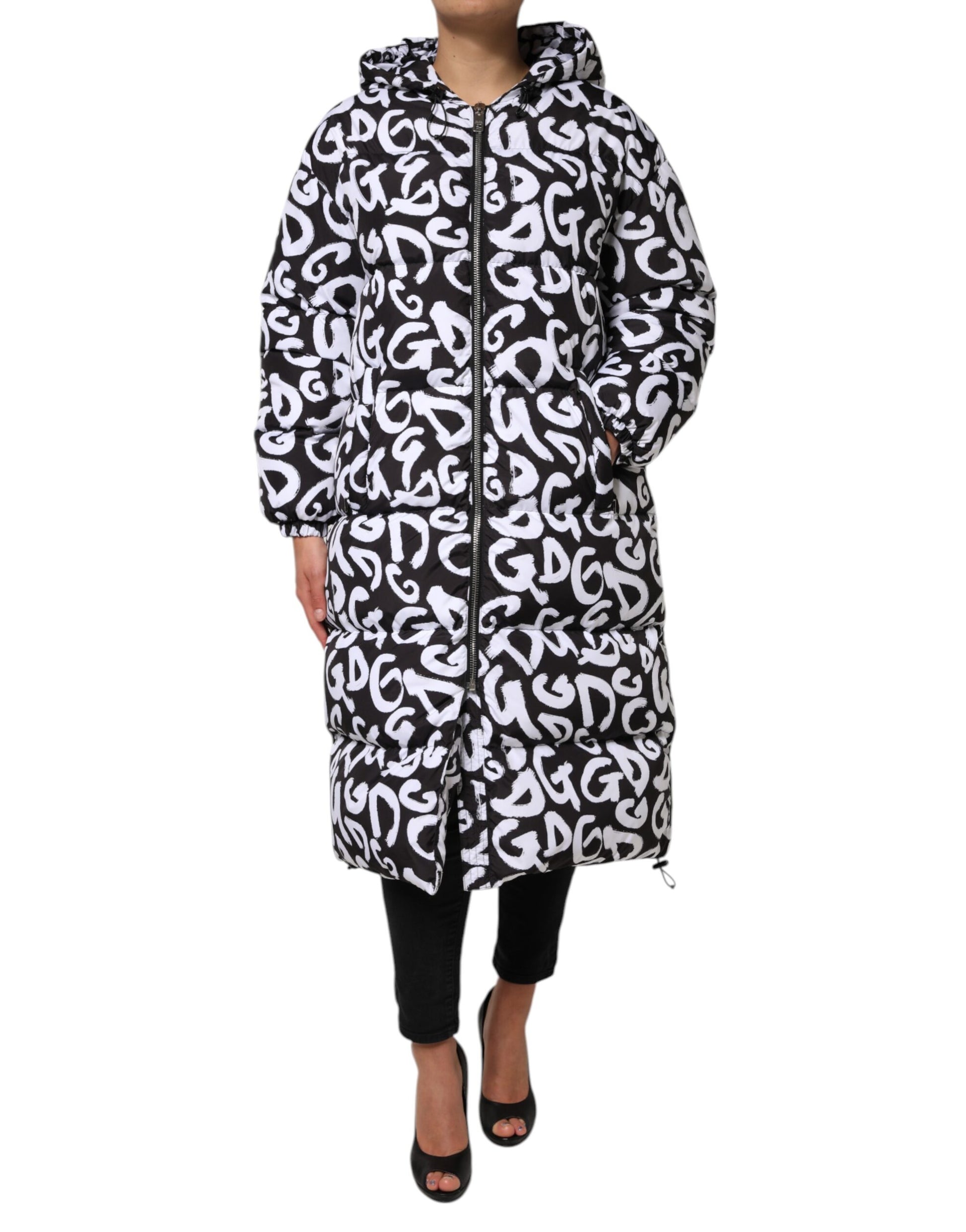 Dolce & Gabbana Black White DG Mania Hooded Long Coat Jacket Dolce & Gabbana