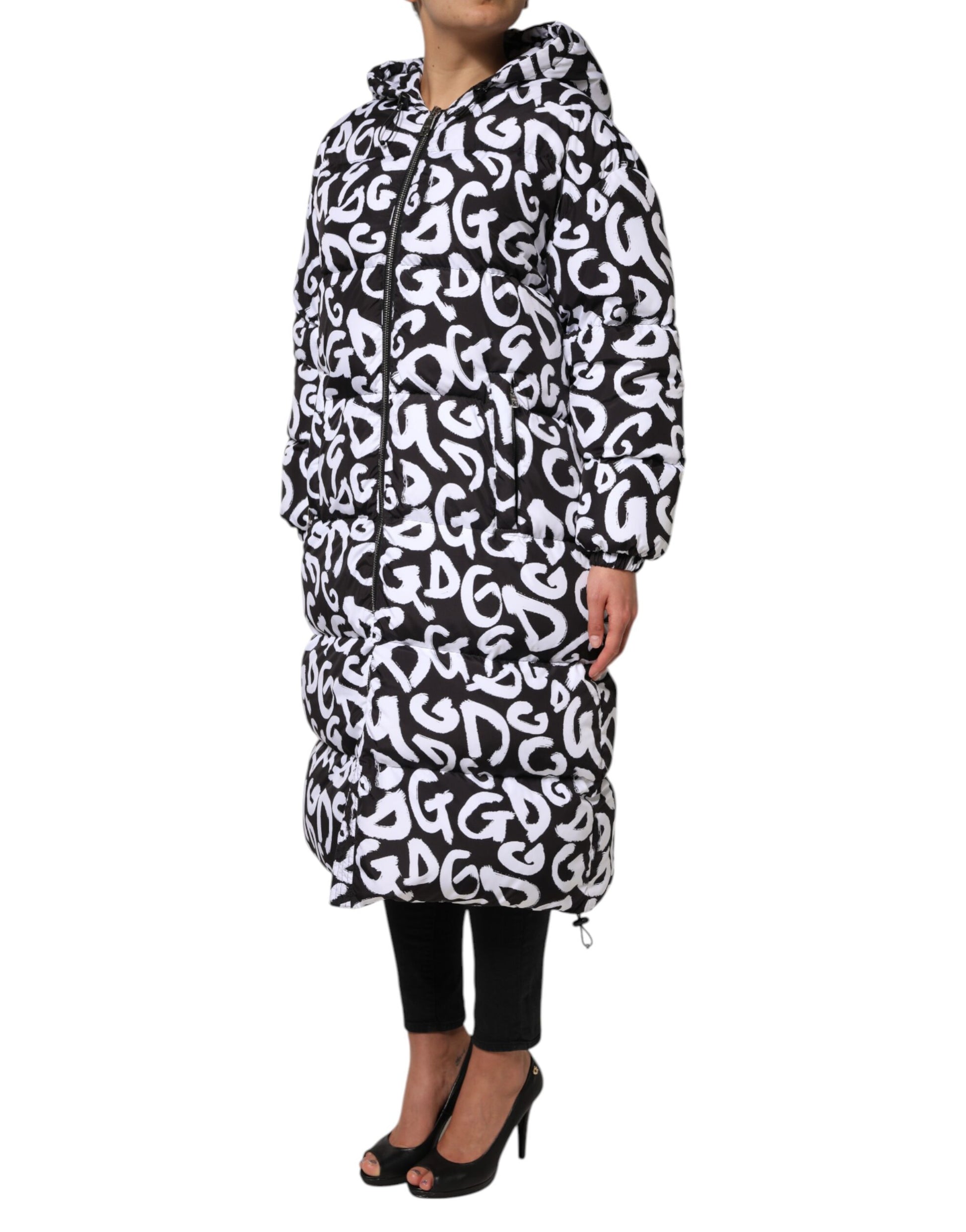 Dolce & Gabbana Black White DG Mania Hooded Long Coat Jacket Dolce & Gabbana