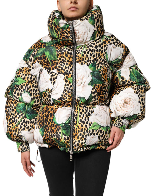 Dolce & Gabbana Multicolor Leopard Rose Puffer Quilted Jacket Dolce & Gabbana