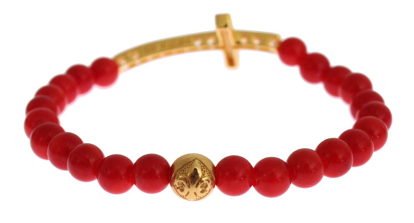 Nialaya Red Coral Gold CZ Cross 925 Silver Bracelet Nialaya
