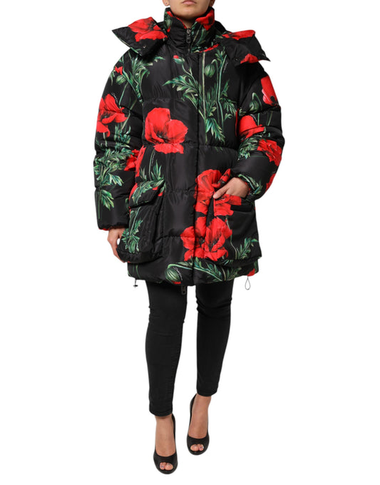 Dolce & Gabbana Black Floral Polyester Hooded Quilted Jacket Dolce & Gabbana