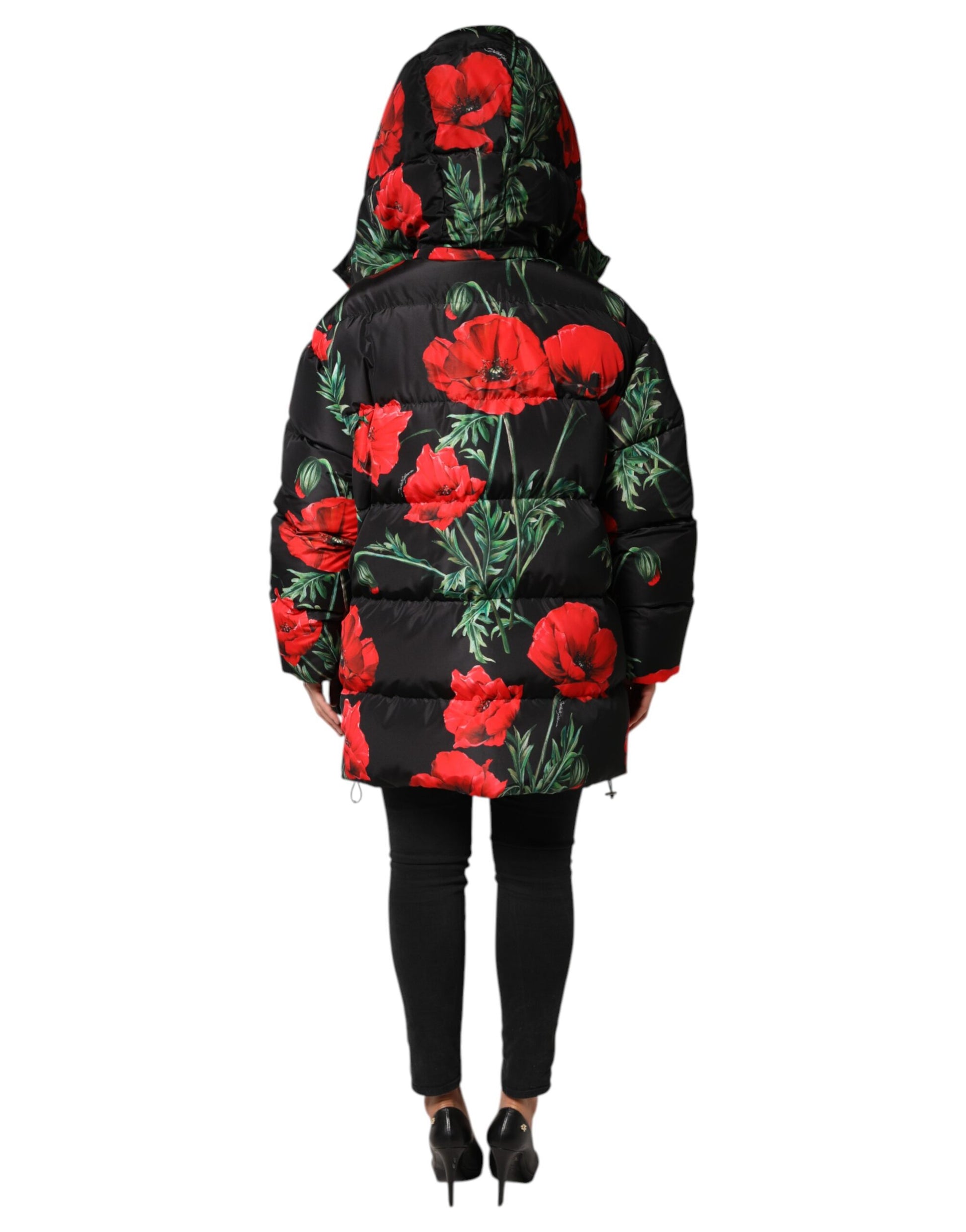 Dolce & Gabbana Black Floral Polyester Hooded Quilted Jacket Dolce & Gabbana