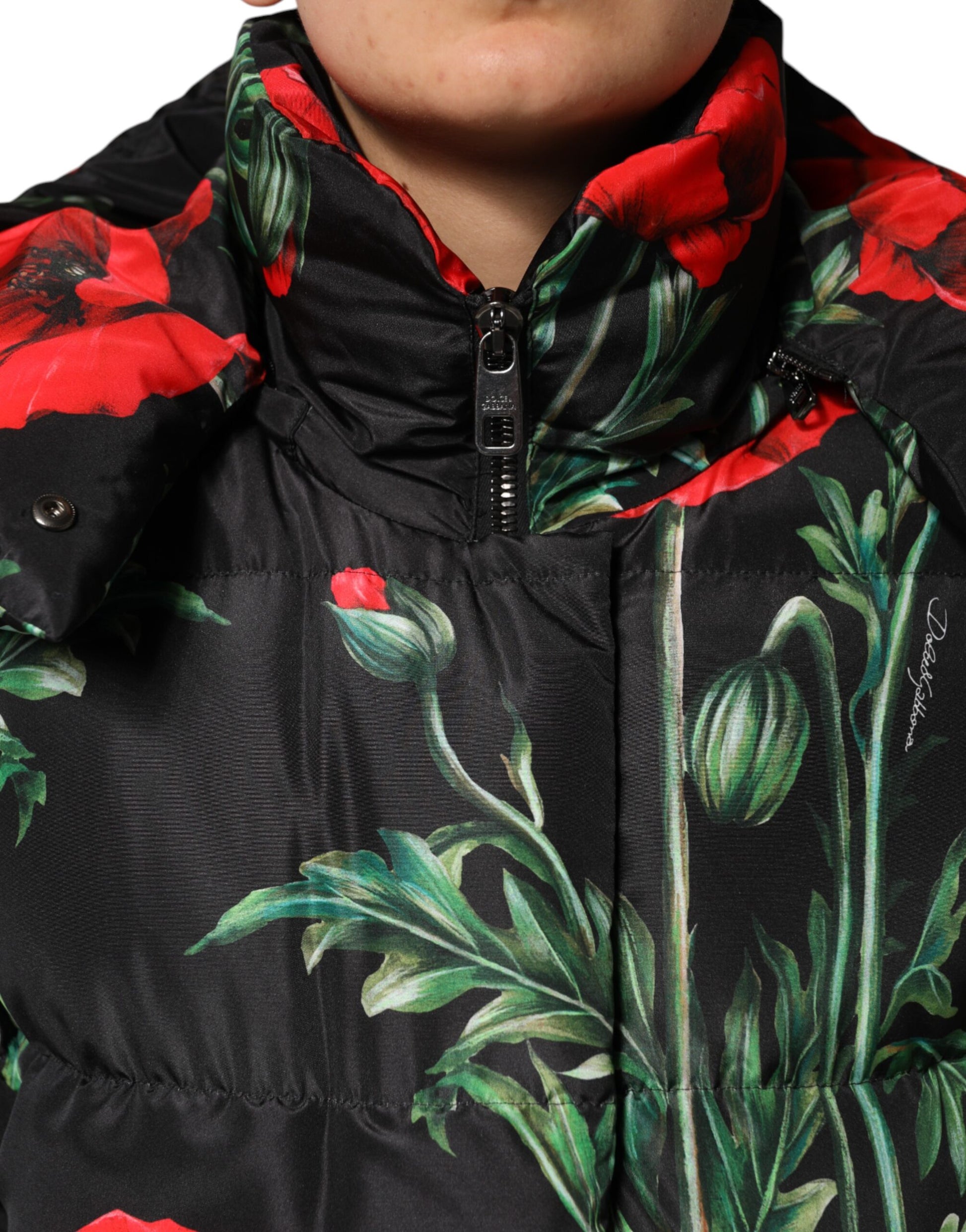 Dolce & Gabbana Black Floral Polyester Hooded Quilted Jacket Dolce & Gabbana
