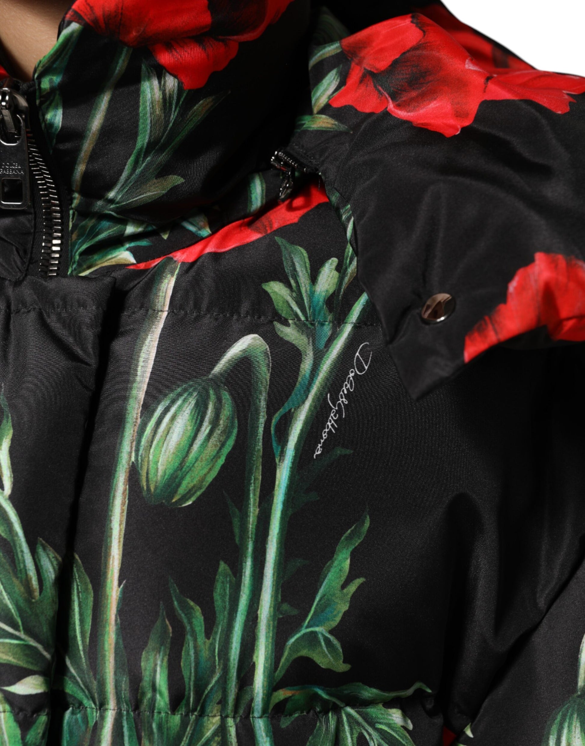 Dolce & Gabbana Black Floral Polyester Hooded Quilted Jacket Dolce & Gabbana