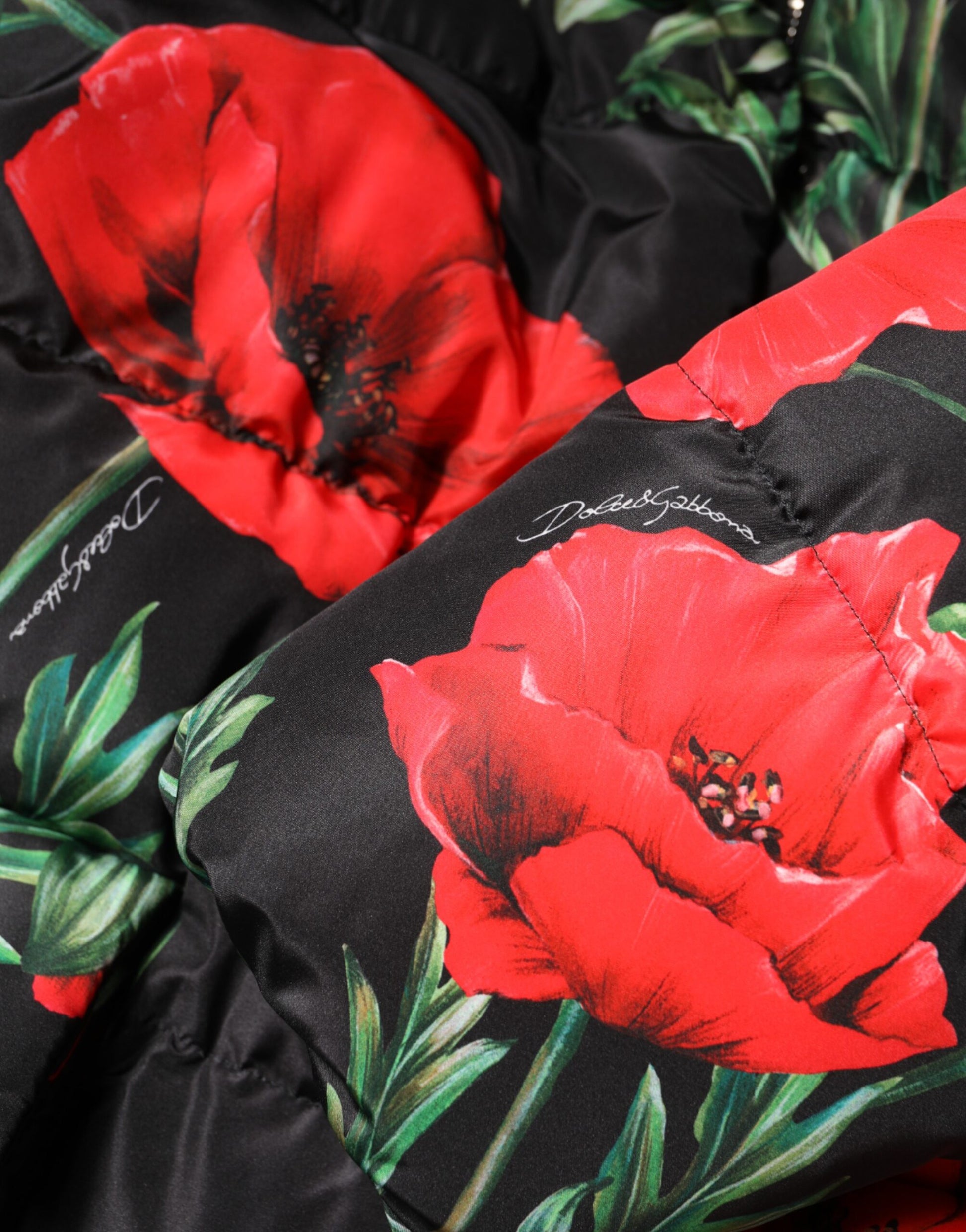 Dolce & Gabbana Black Floral Polyester Hooded Quilted Jacket Dolce & Gabbana