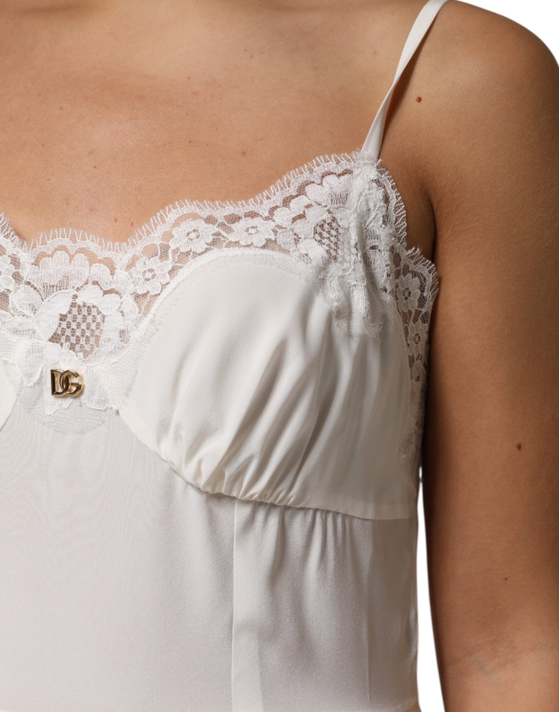 Dolce & Gabbana White Lace Gold DG Logo Silk Dress Sleepwear