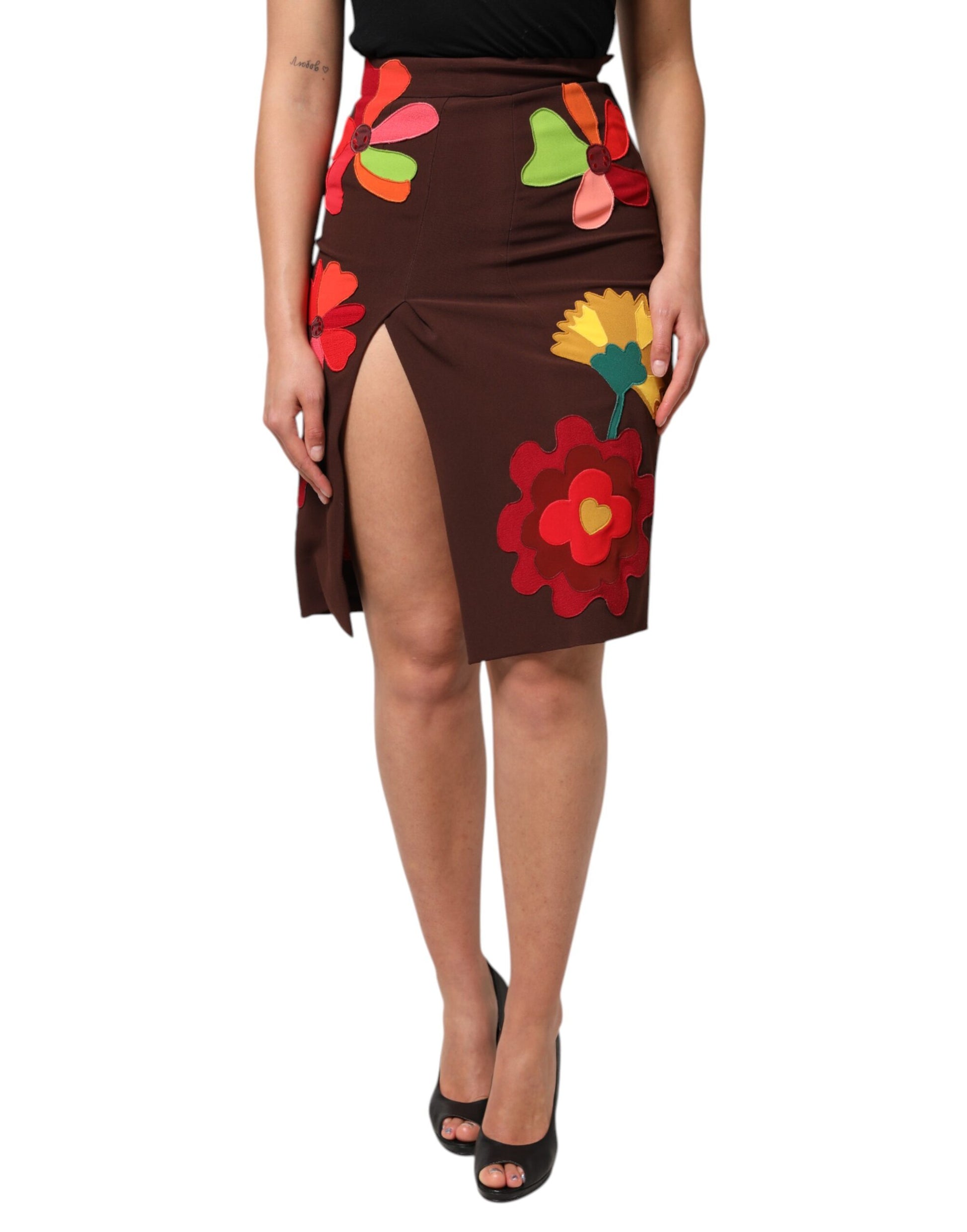 Dolce & Gabbana Brown Floral High Waist Side Slit Skirt Dolce & Gabbana