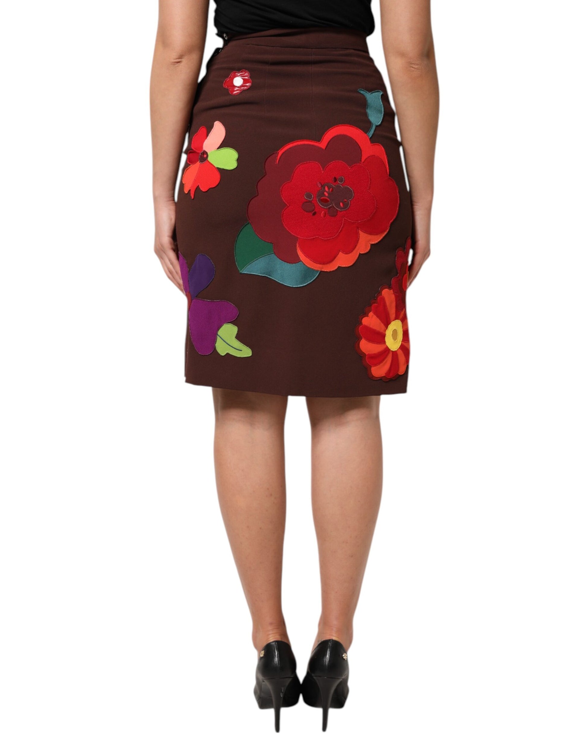 Dolce & Gabbana Brown Floral High Waist Side Slit Skirt Dolce & Gabbana