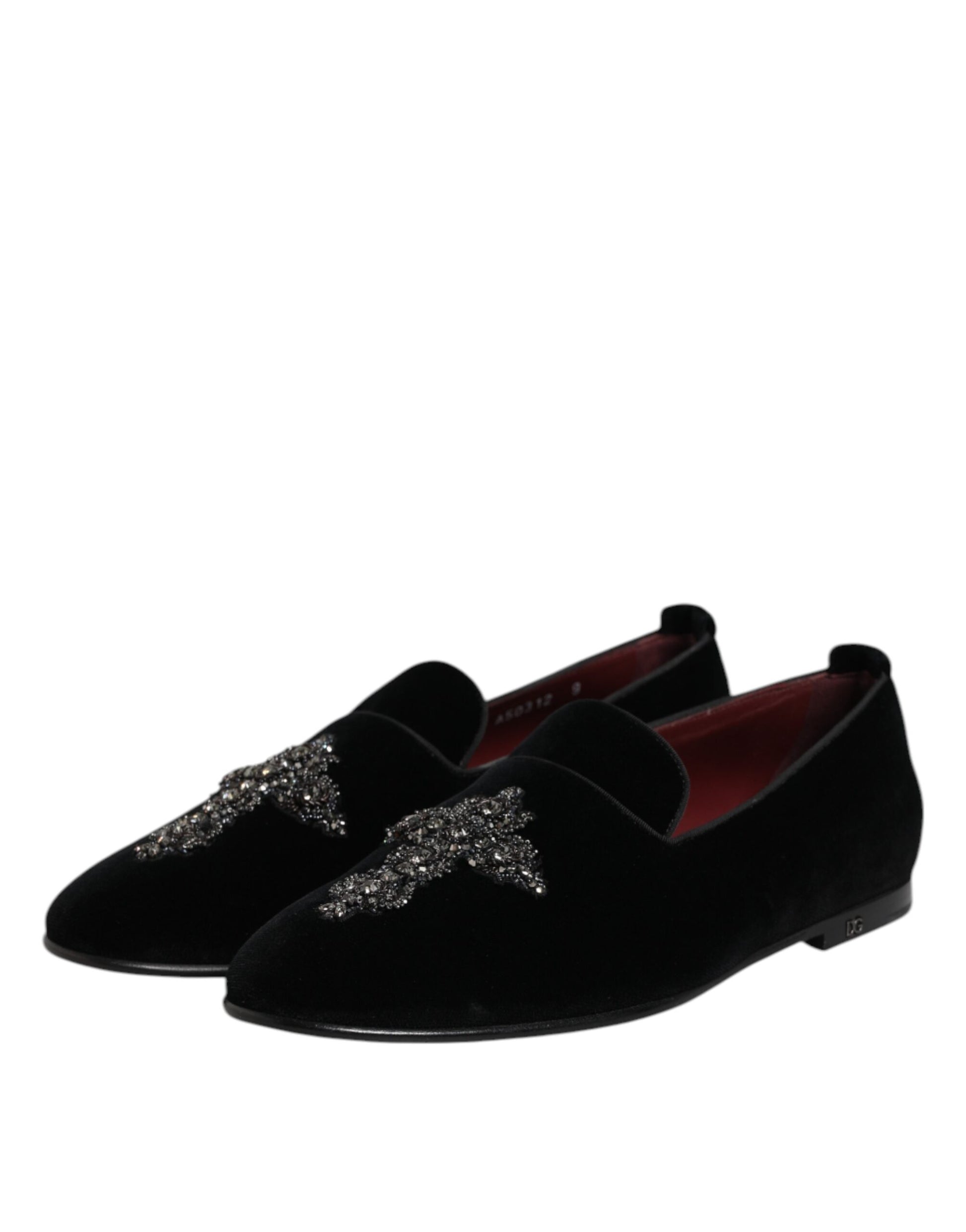 Dolce & Gabbana Black Velvet Embellished Loafer Slip On Shoes Dolce & Gabbana