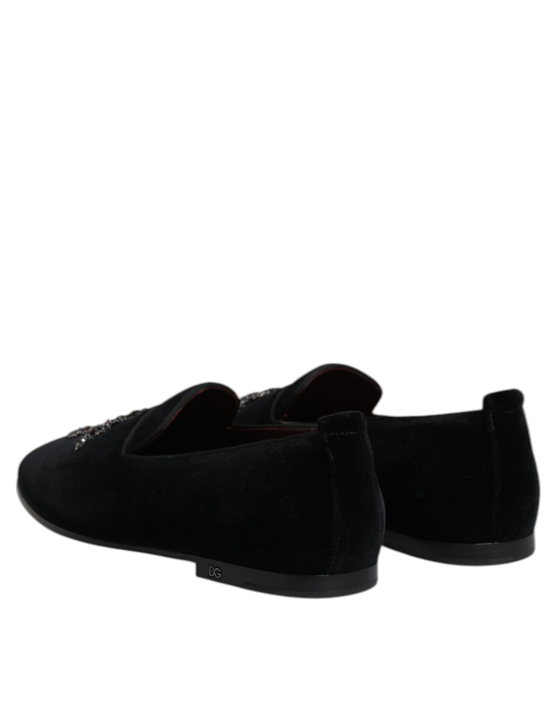 Dolce & Gabbana Black Velvet Embellished Loafer Slip On Shoes Dolce & Gabbana