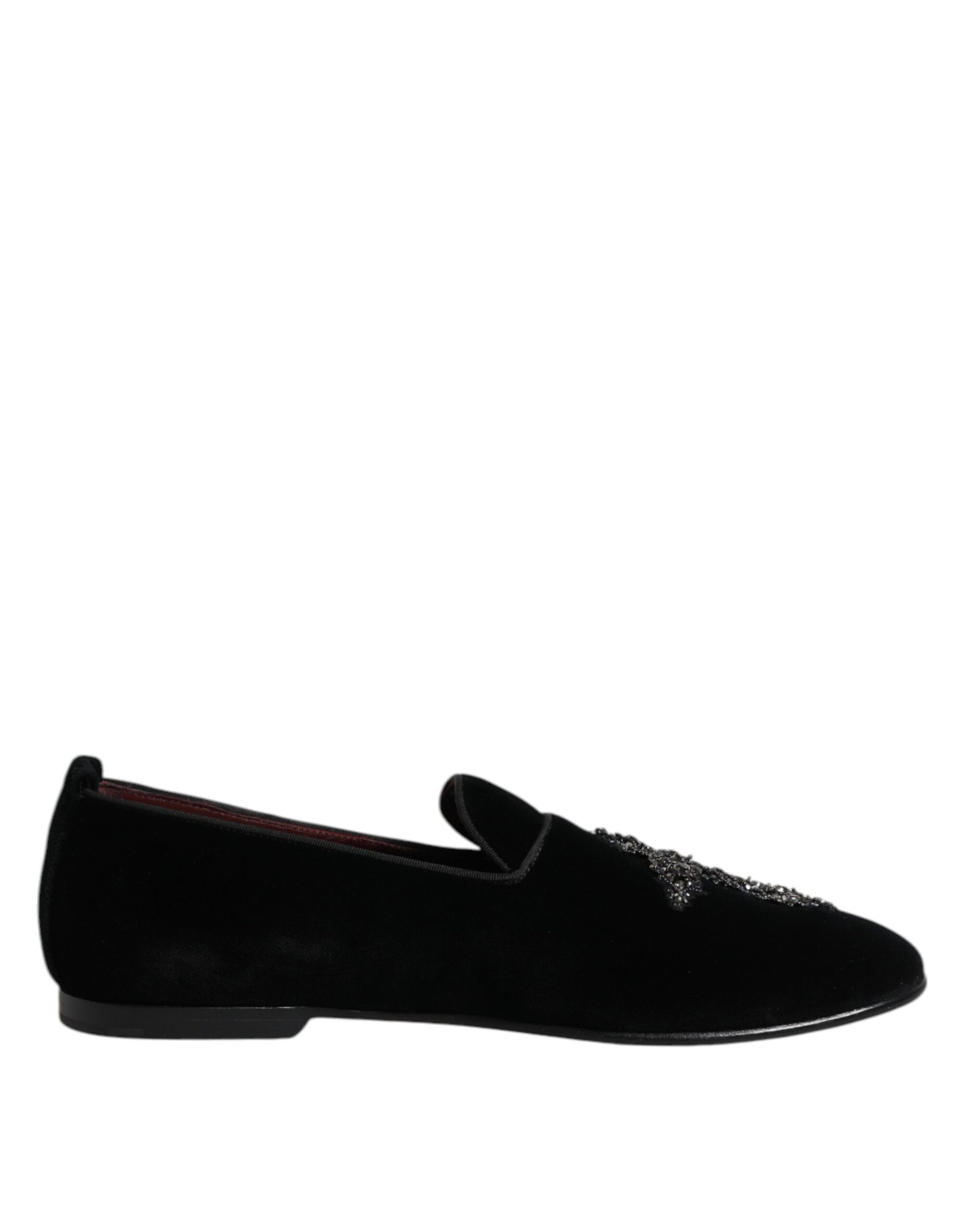 Dolce & Gabbana Black Velvet Embellished Loafer Slip On Shoes Dolce & Gabbana