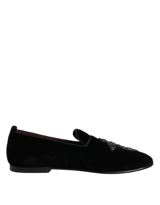 Dolce & Gabbana Black Velvet Embellished Loafer Slip On Shoes Dolce & Gabbana