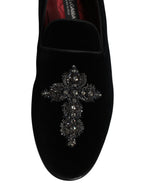 Dolce & Gabbana Black Velvet Embellished Loafer Slip On Shoes - Eljoys Fashion 