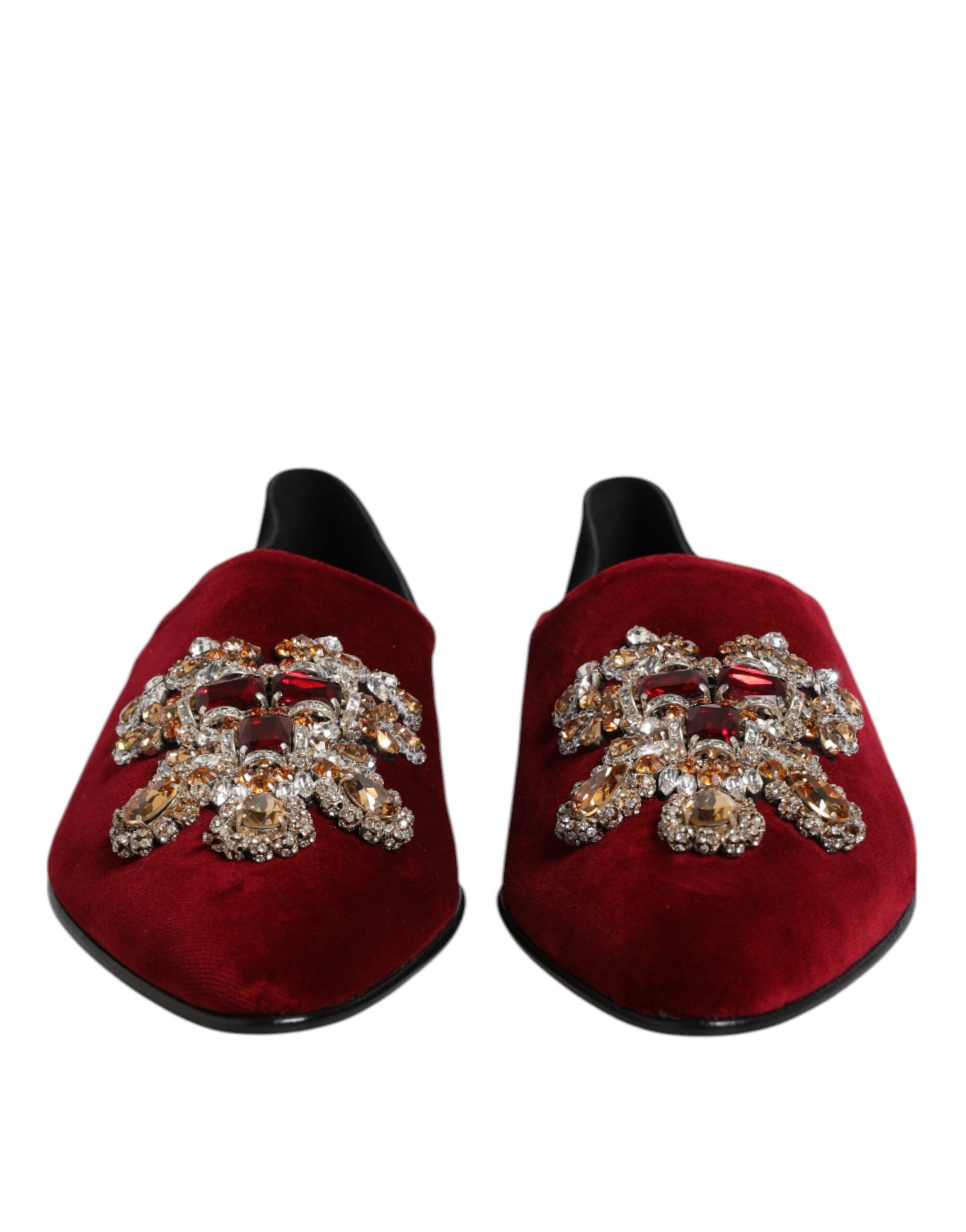 Dolce & Gabbana Black Red Velvet Embellished Slip On Shoes Dolce & Gabbana