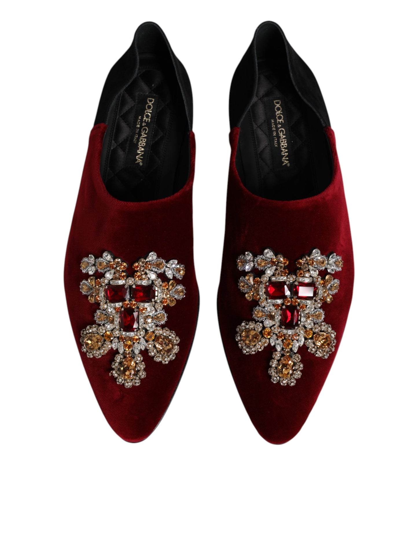 Dolce & Gabbana Black Red Velvet Embellished Slip On Shoes Dolce & Gabbana