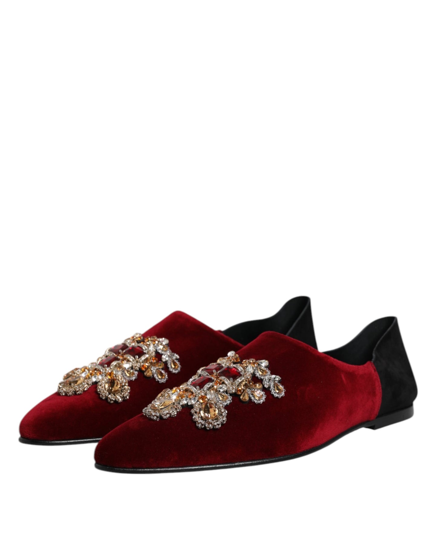 Dolce & Gabbana Black Red Velvet Embellished Slip On Shoes Dolce & Gabbana