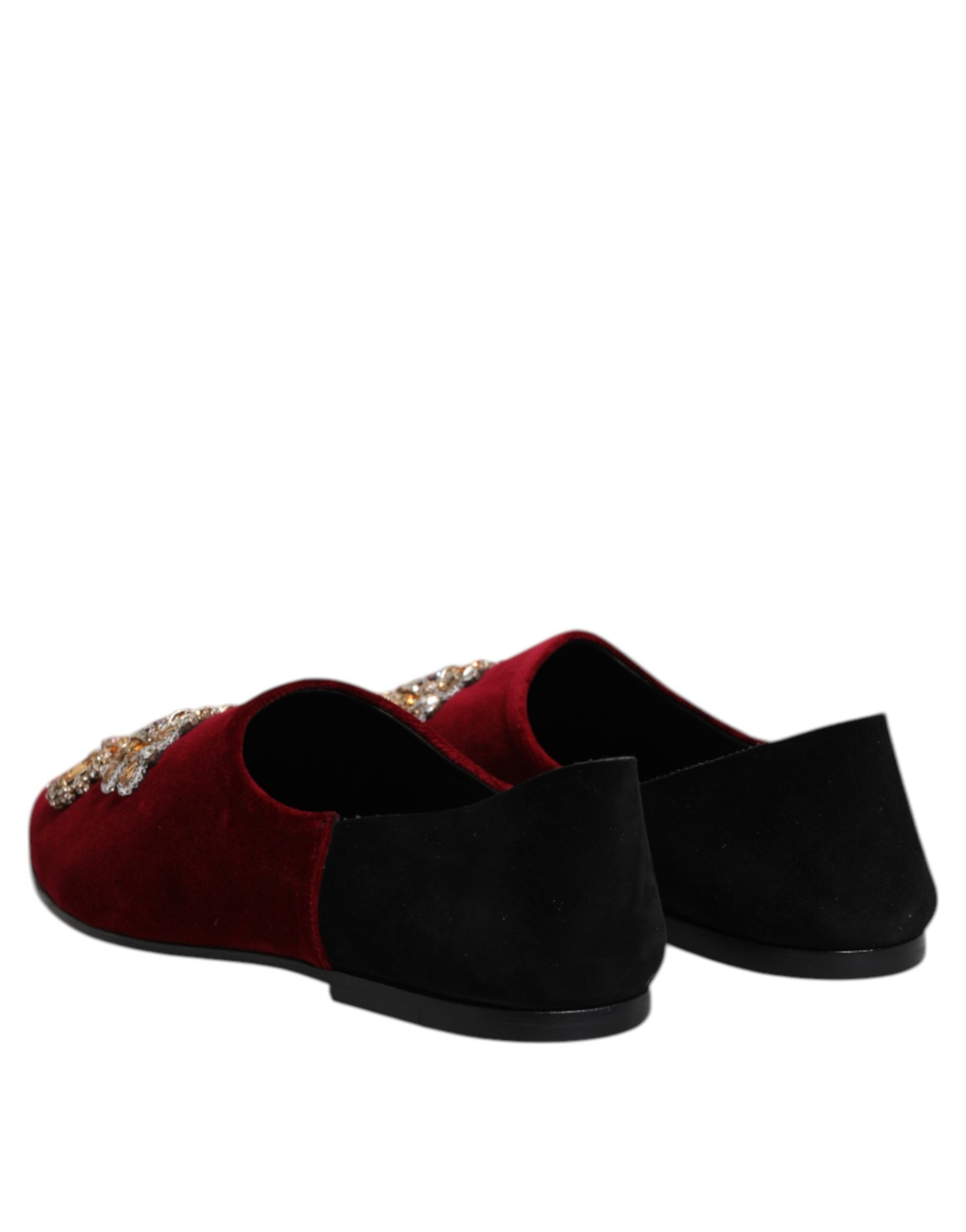 Dolce & Gabbana Black Red Velvet Embellished Slip On Shoes Dolce & Gabbana