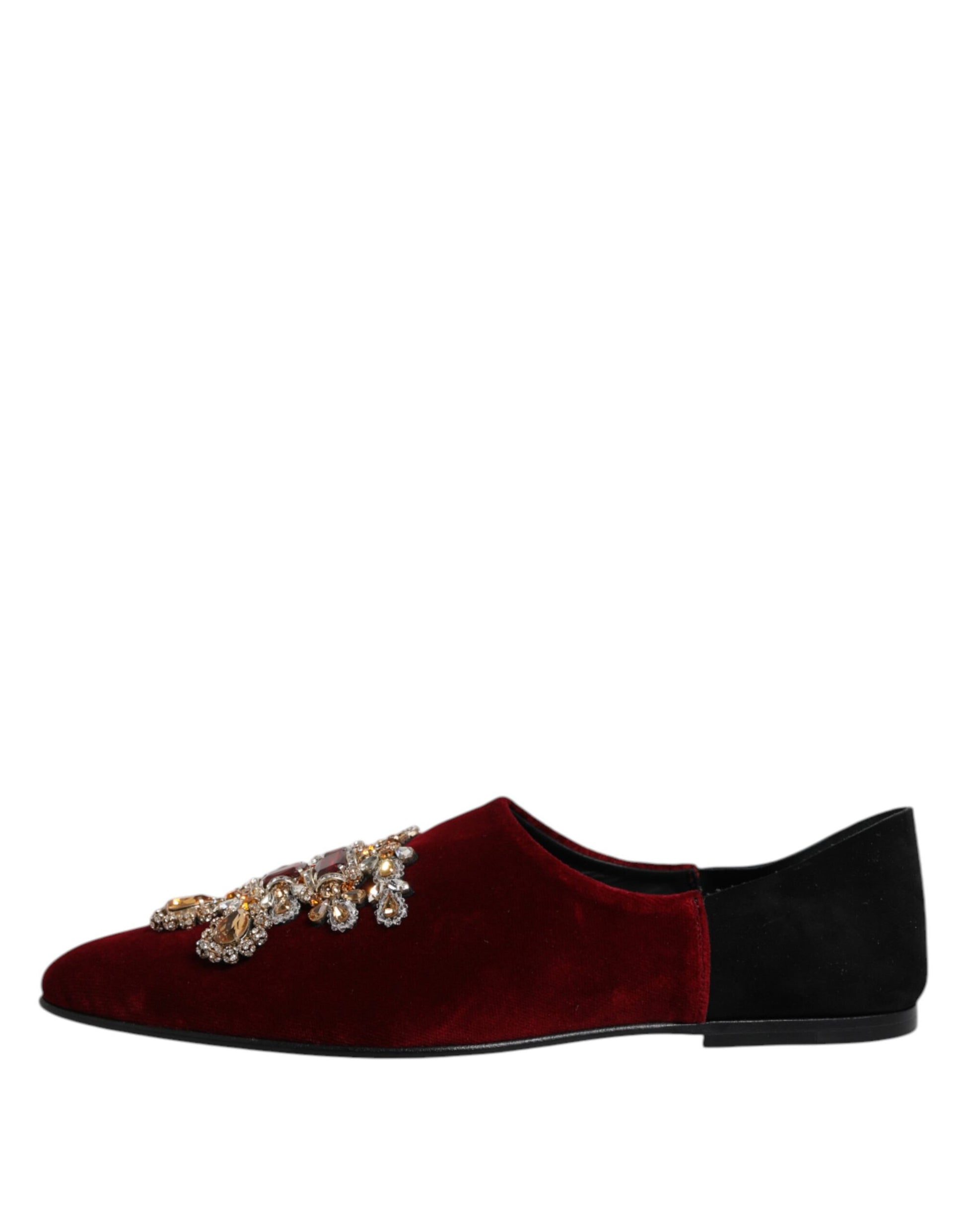 Dolce & Gabbana Black Red Velvet Embellished Slip On Shoes Dolce & Gabbana