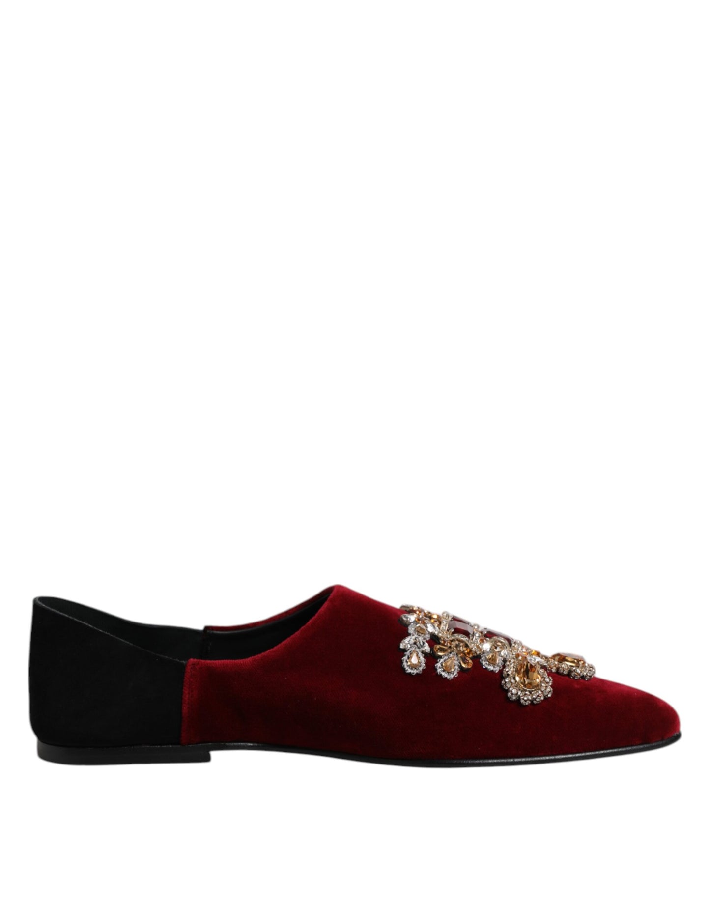 Dolce & Gabbana Black Red Velvet Embellished Slip On Shoes Dolce & Gabbana
