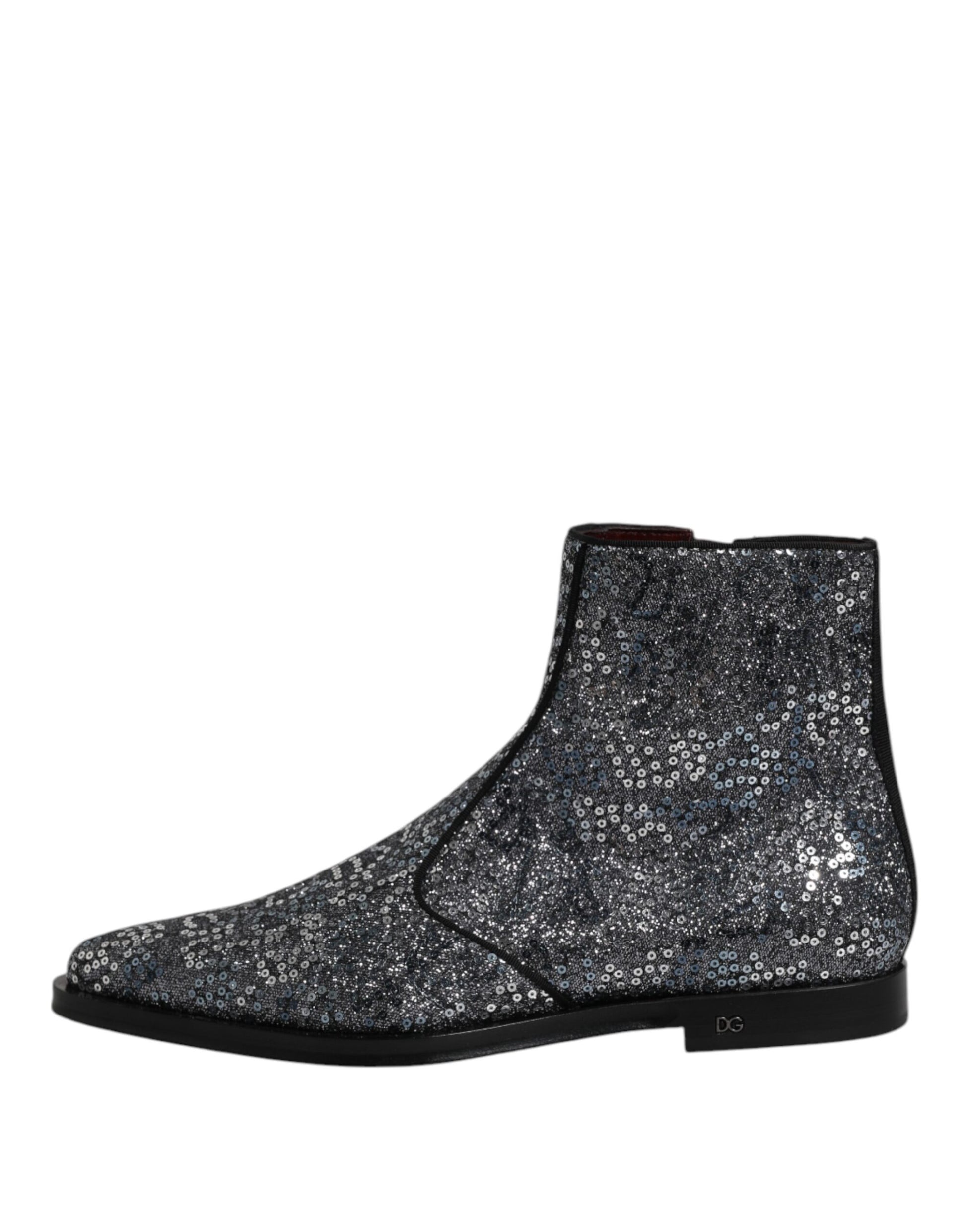 Dolce & Gabbana Dark Gray Cotton Sequined Chelsea Boots Shoes Dolce & Gabbana