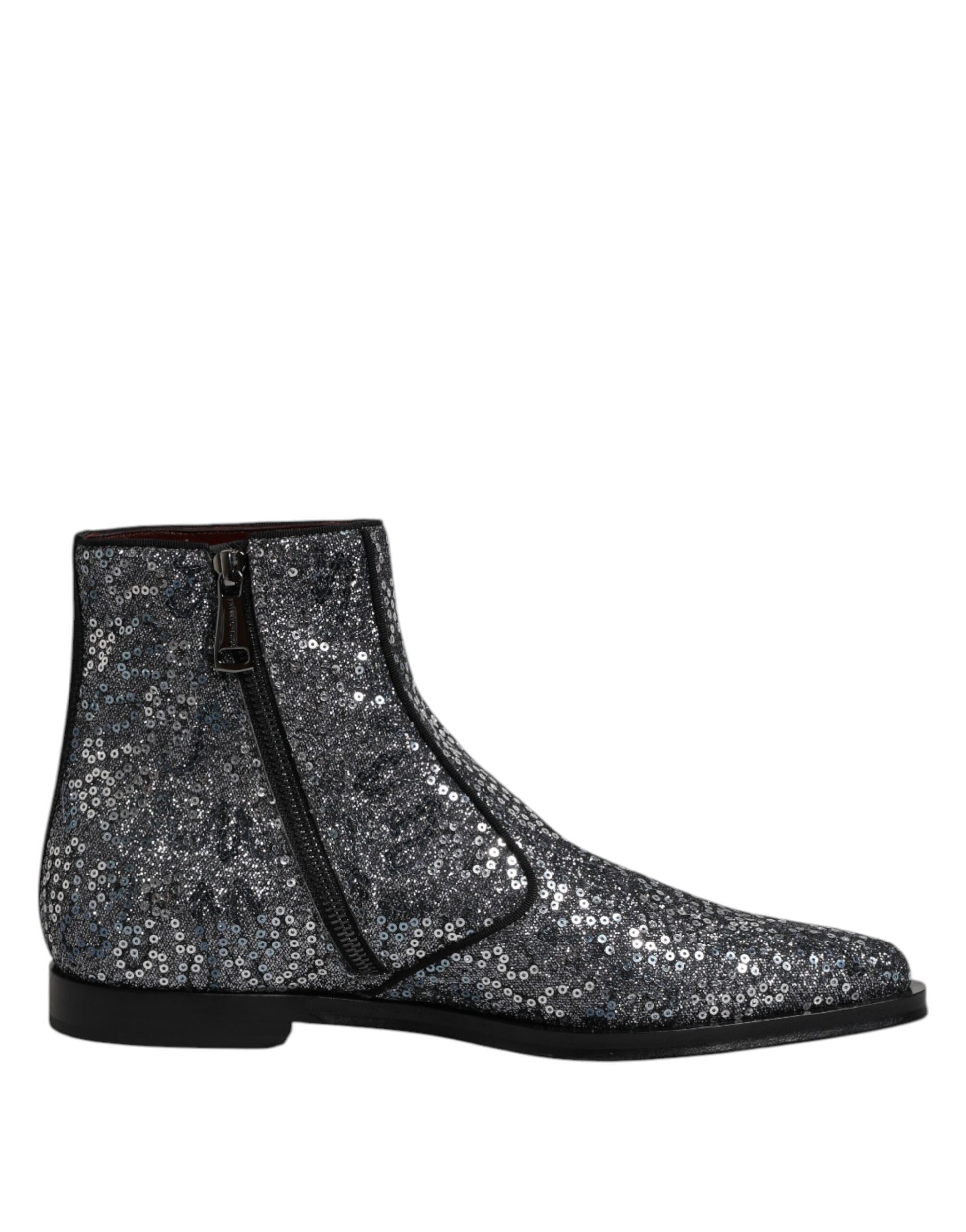Dolce & Gabbana Dark Gray Cotton Sequined Chelsea Boots Shoes Dolce & Gabbana