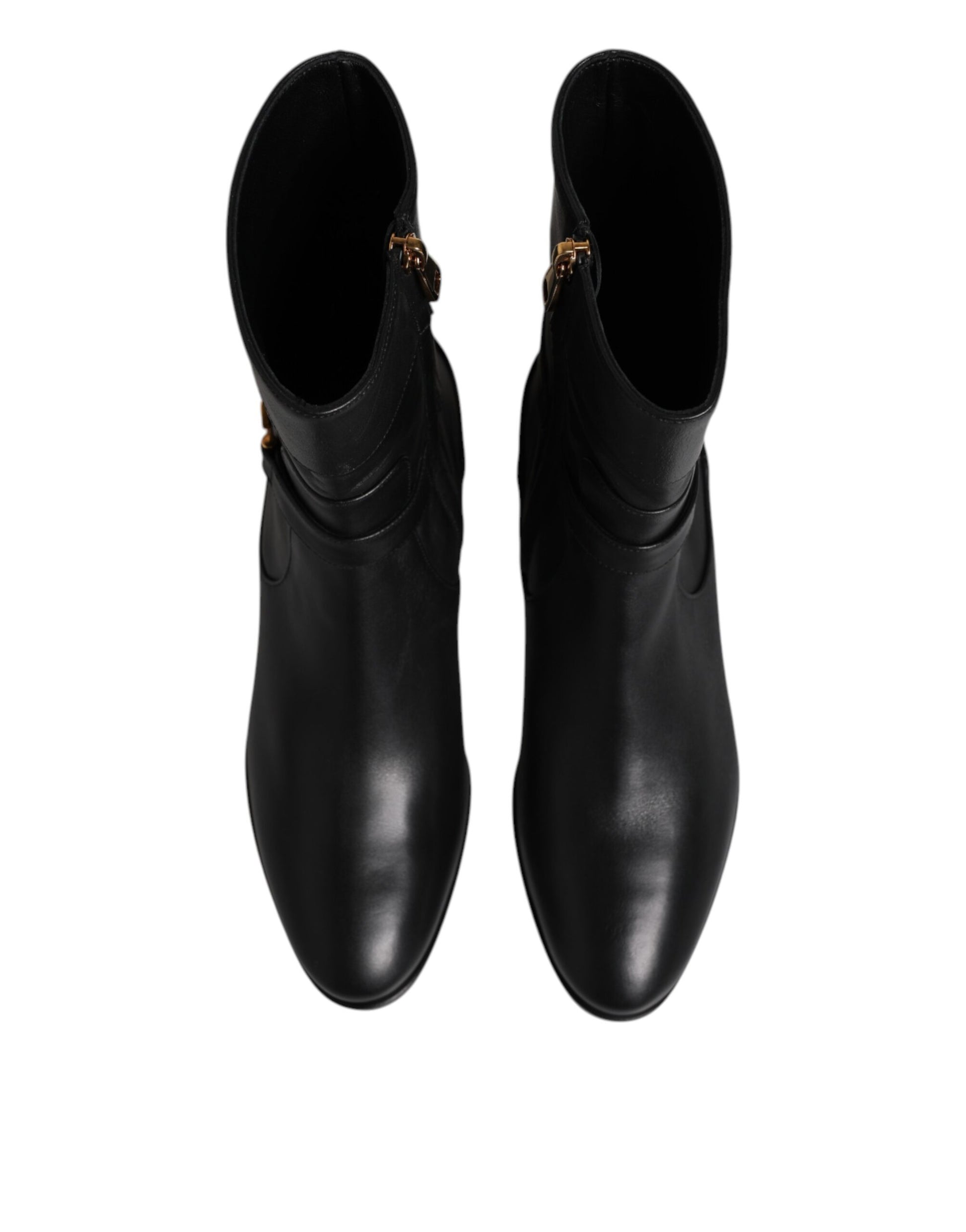 Dolce & Gabbana Black Leather Flats Logo Short Boots Shoes Dolce & Gabbana